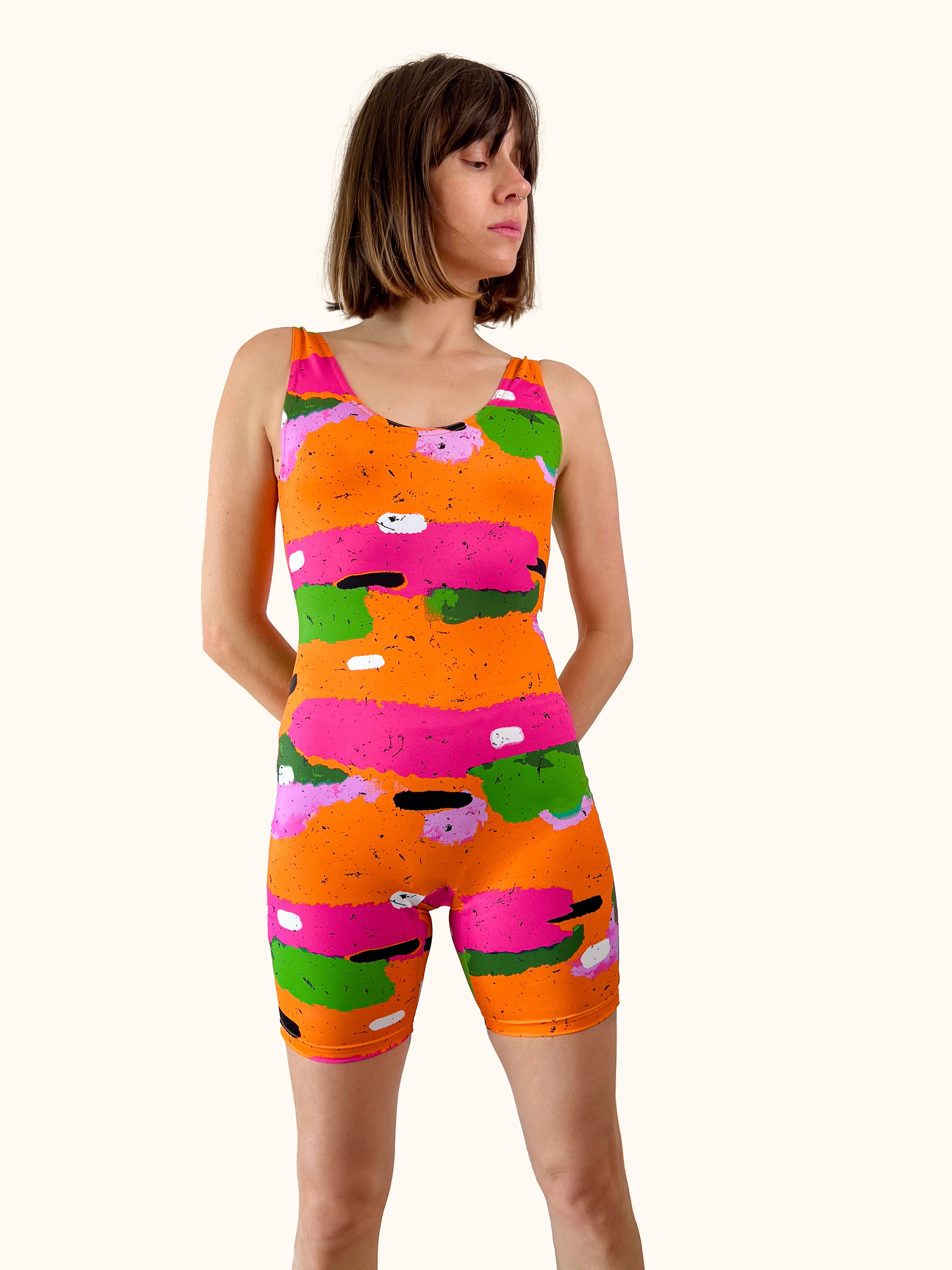 Combishort orange motif coloré rétro made in France UJO