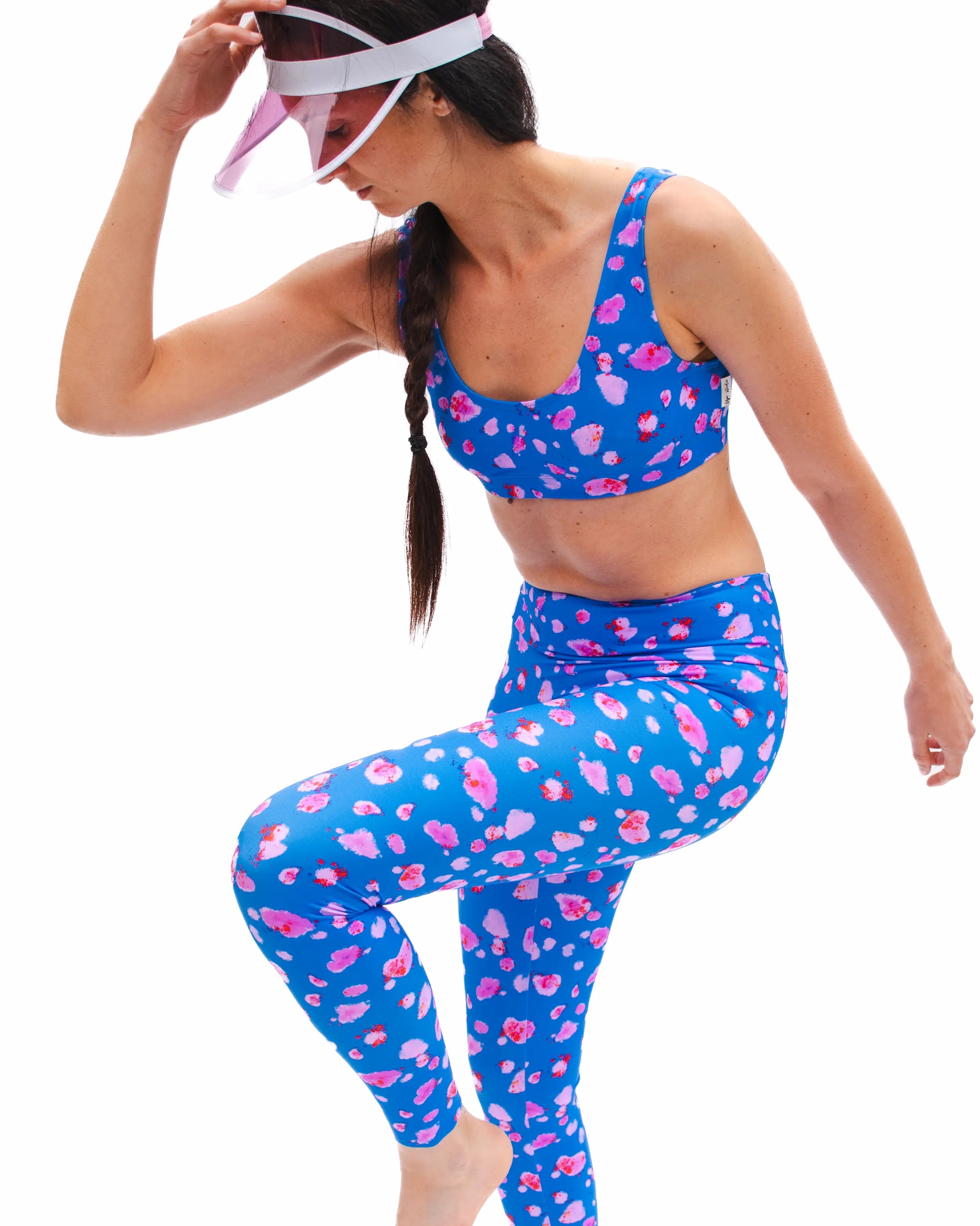 Zoom sur le Legging femme taille haute Bleu imprimé abstrait rétro 