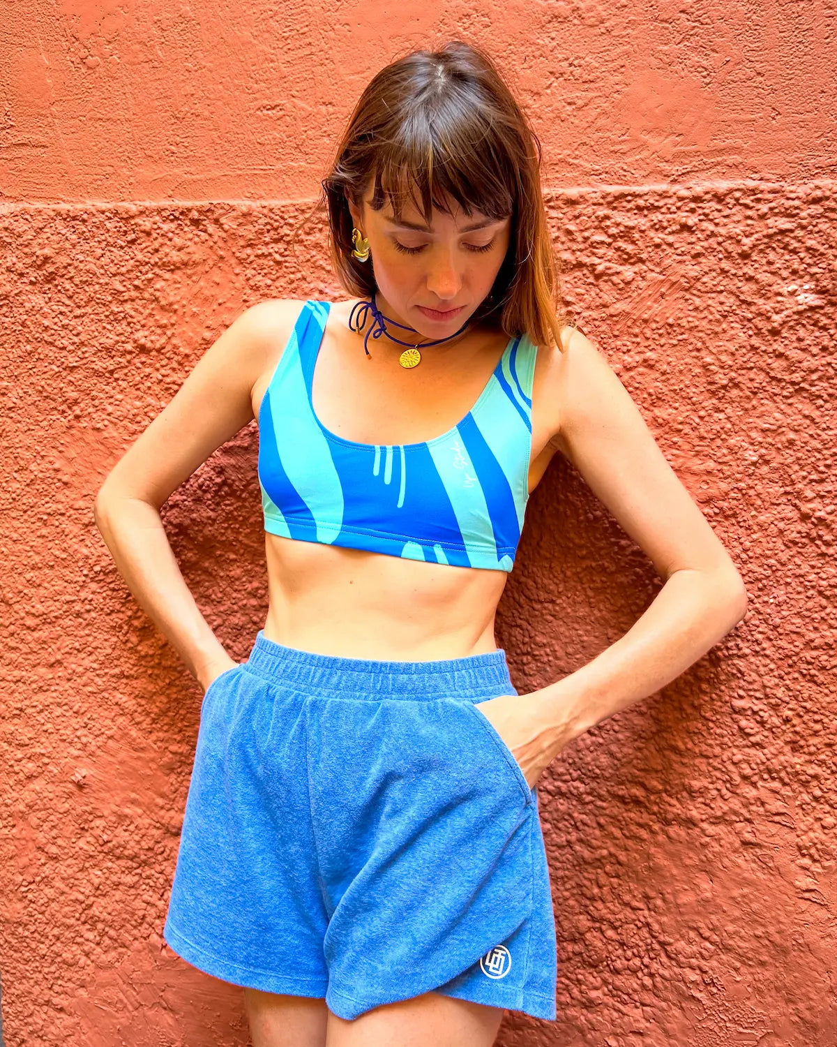 ensemble éponge bleu avec brassière assorti coton léger