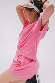 Vêtement en éponge coton léger pour femme short et t-shirt oversize rose UJO