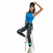 Legging de sport taille haute femme au motif rétro noir et bleu