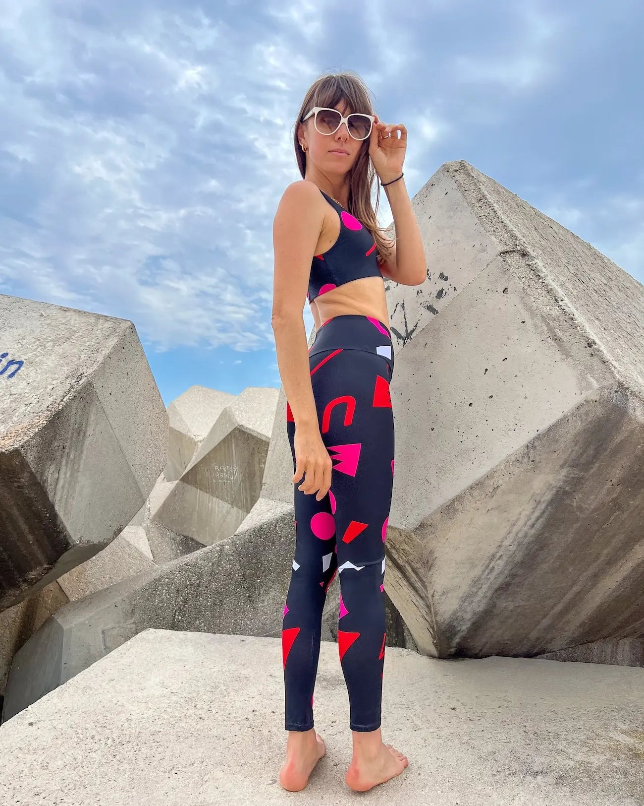 Legging de sport taille haute Noir Motif rétro Géométrique - UJO