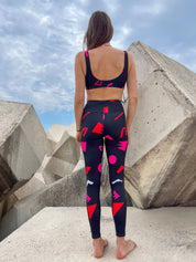 Legging de sport Noir Motif rétro Géométrique Rose & Rouge - UJŌ